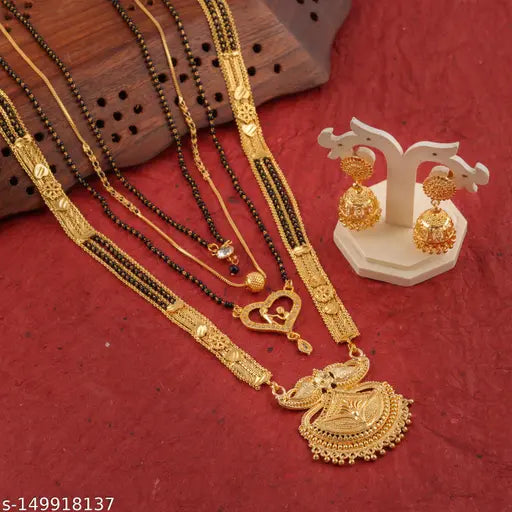 Mangalsutra Combo Deal Gold Plated Necklace Pandent Mangalsutra 30 Inch And 18 Inch Combo Pack With Earring for Women (Pack of 5) (1254110)