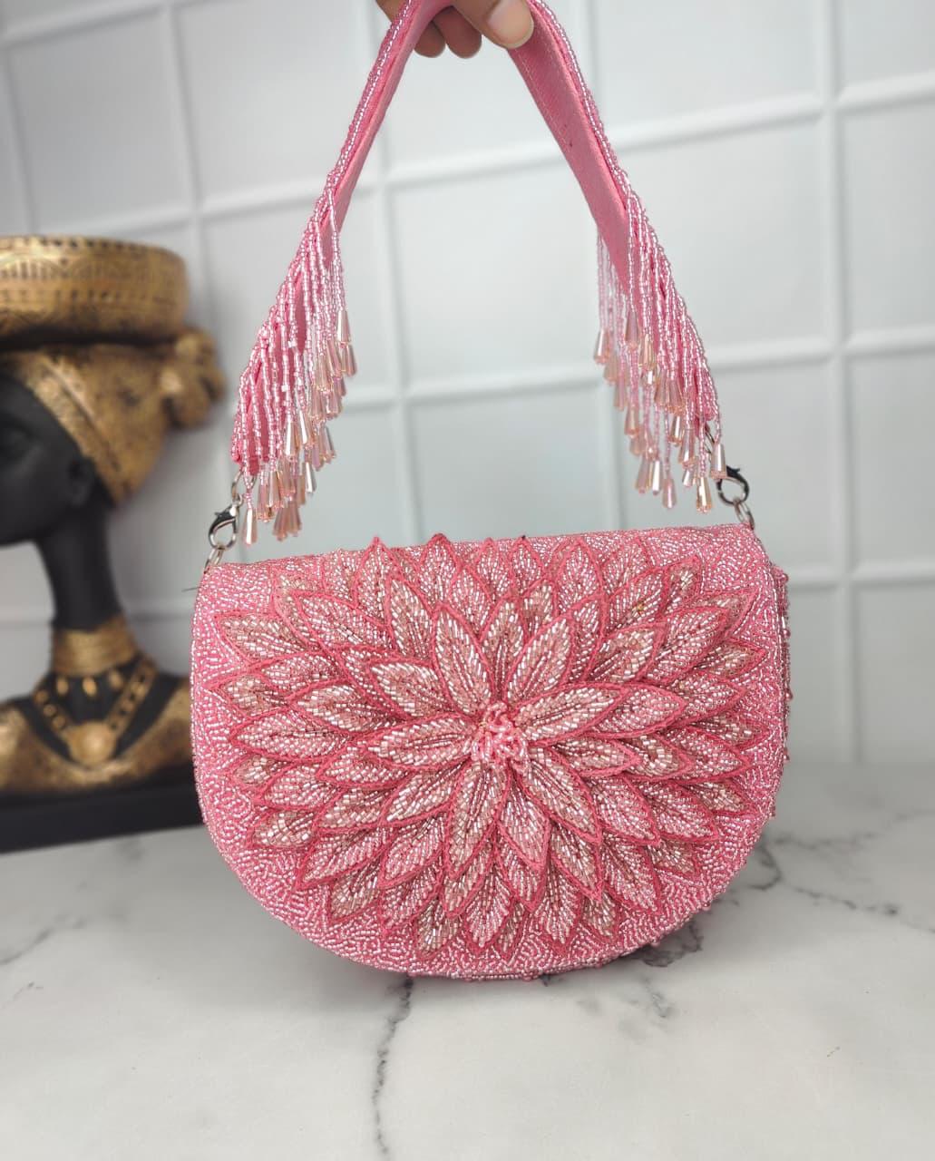 Pink Floral Beaded Handbag (125438)