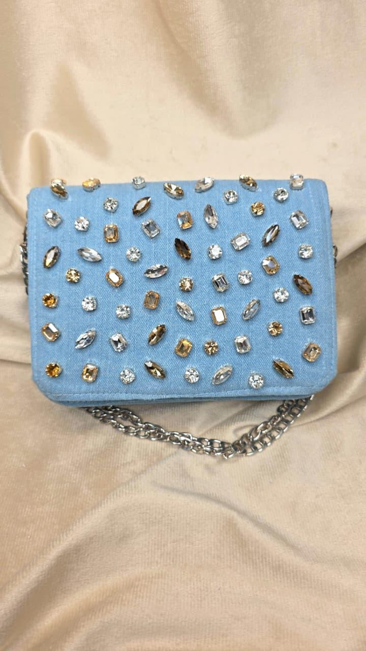 Sky Blue Crystal Embellished Clutch (125440)