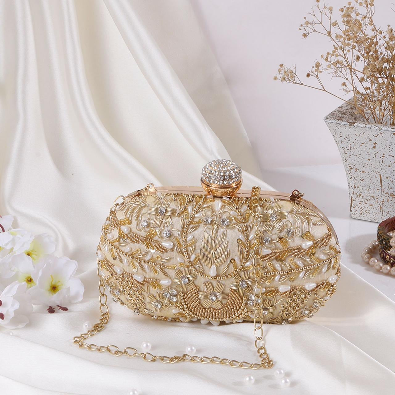 Golden Pearl Embroidered Clutch (125443)