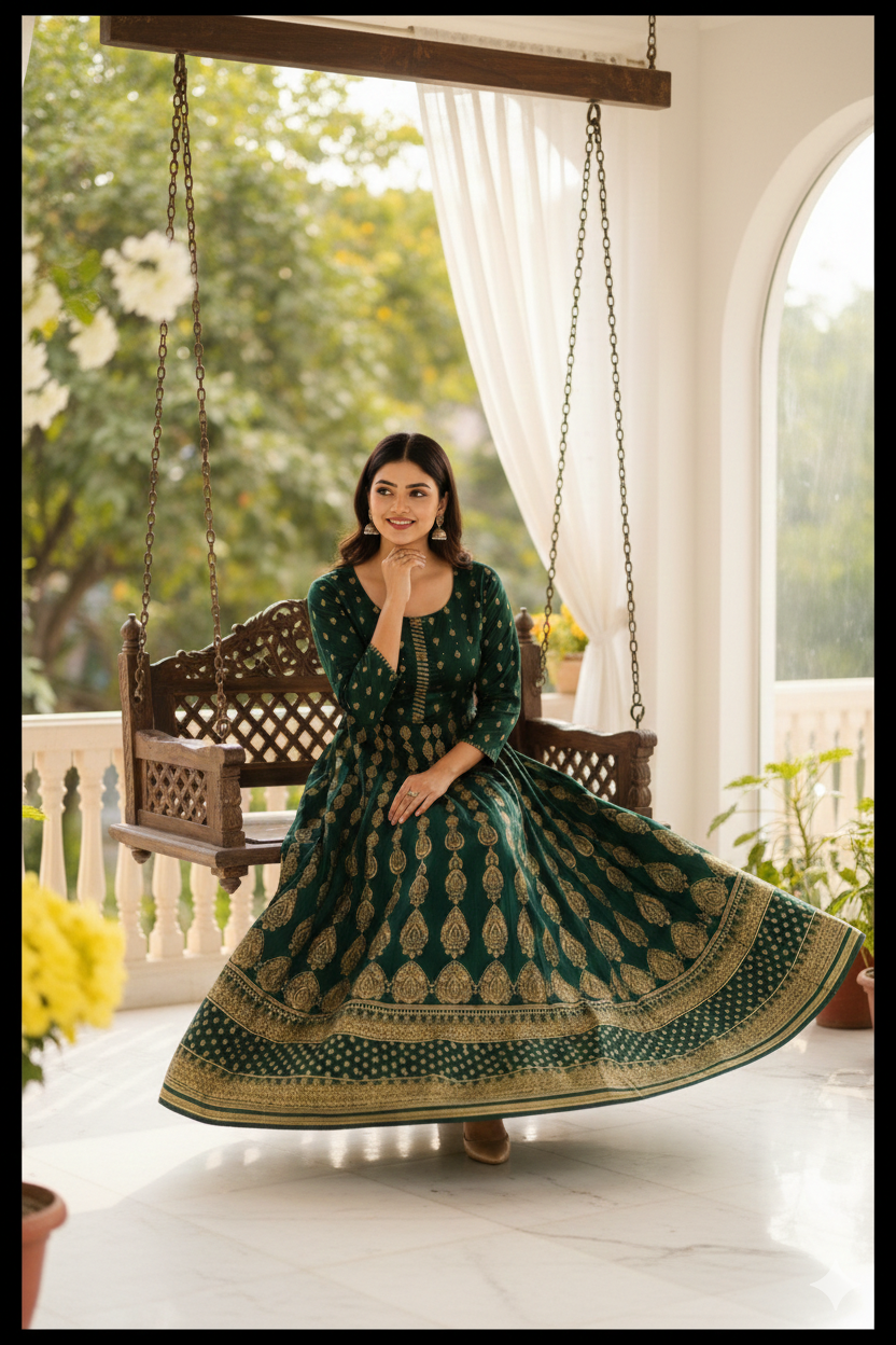 Anarkali Rayon Printed Kurti for Women (Bottle Green & Gold) (125459)