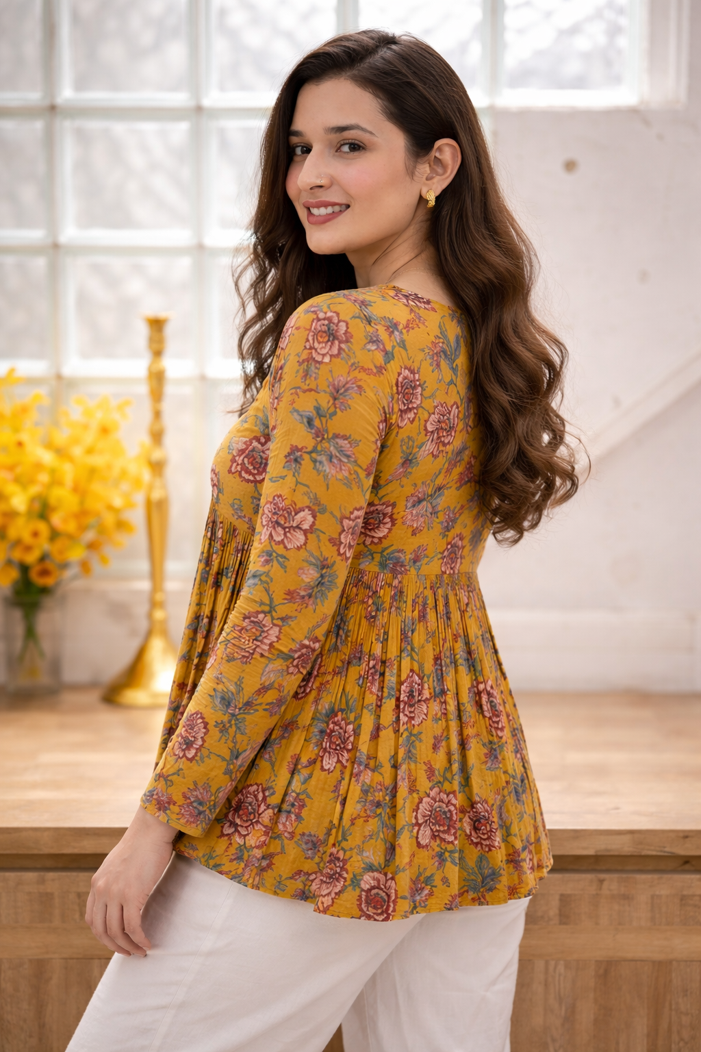 Floral Vibe Mustard Empire Top Stylish & Comfortable Daily Wear (1254148)