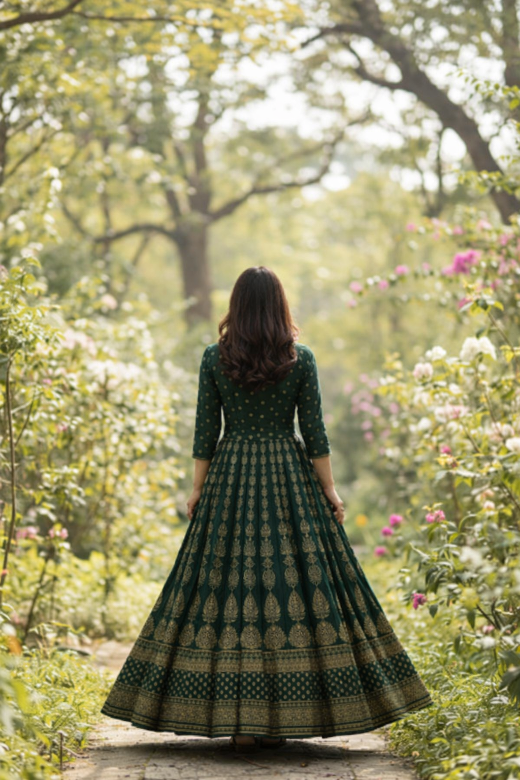 Anarkali Rayon Printed Kurti for Women (Bottle Green & Gold) (125459)