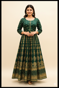 Anarkali Rayon Printed Kurti for Women (Bottle Green & Gold) (125459)
