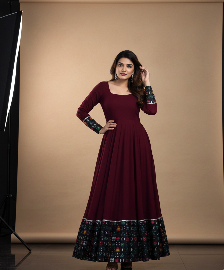 Women's Rayon Solid Pattern Full Sleeve Full Stitched Gown (1254104)