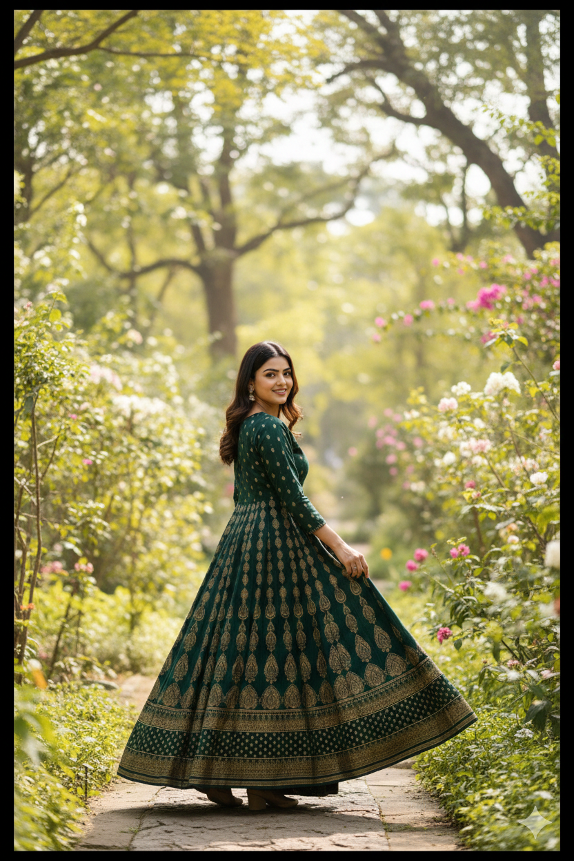 Anarkali Rayon Printed Kurti for Women (Bottle Green & Gold) (125459)