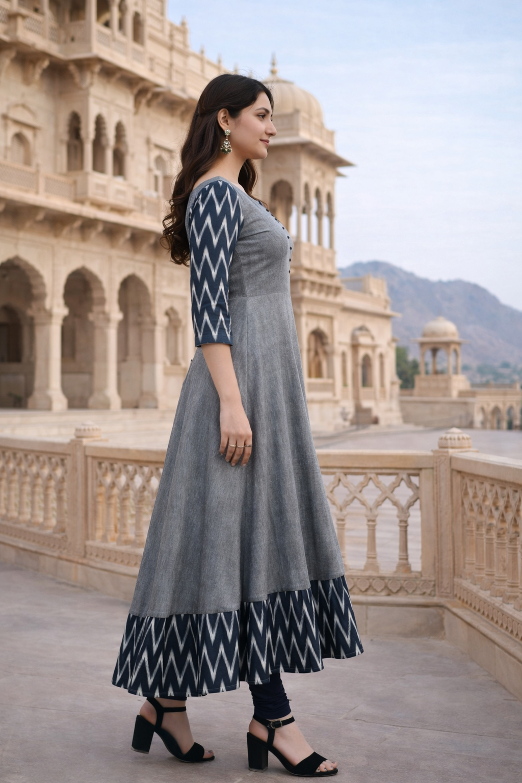 Grey & Navy Ikat Flared Kurti Dress for Women (1254106)