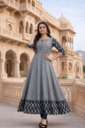 Grey & Navy Ikat Flared Kurti Dress for Women (1254106)
