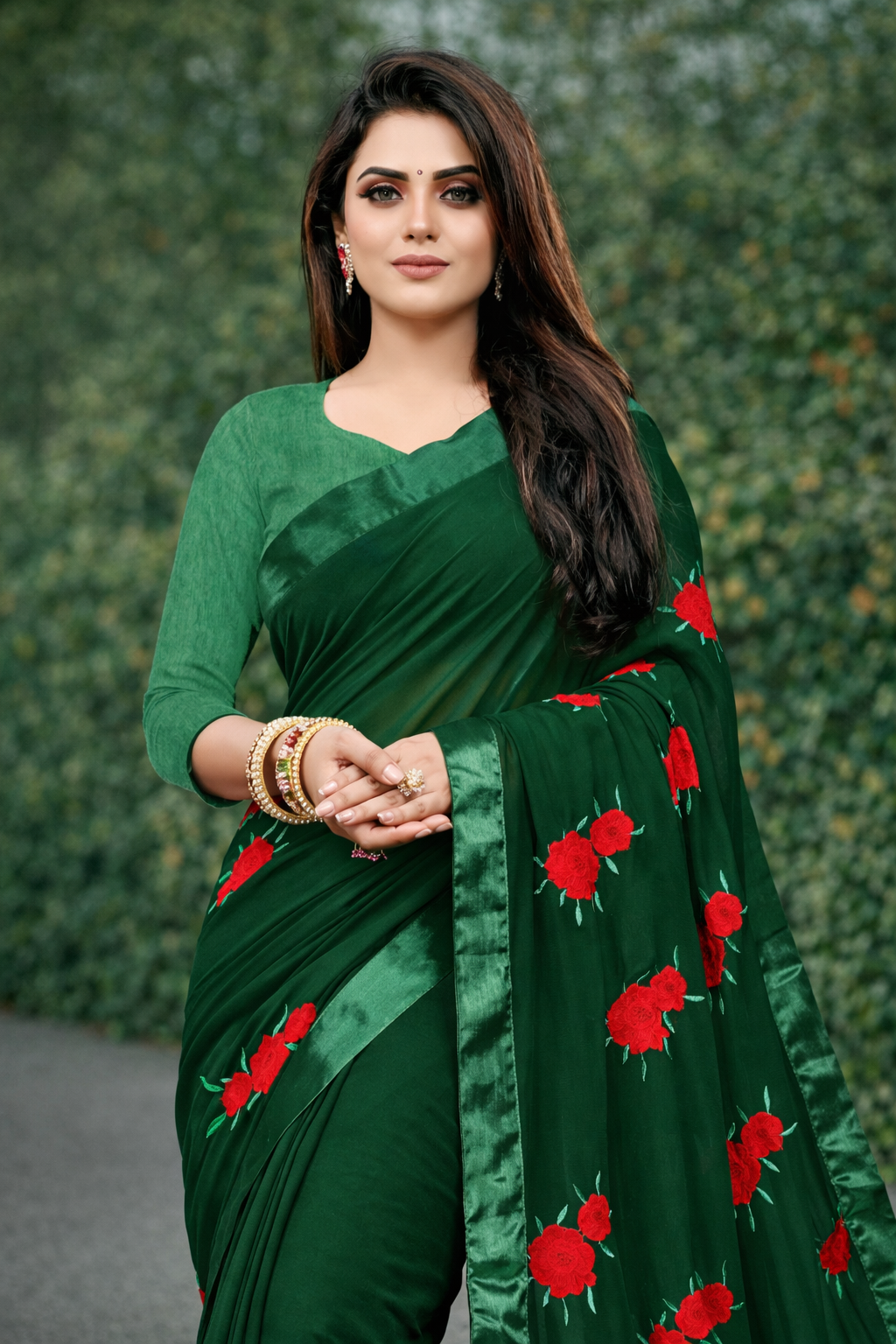 Elegant Olive Green Rose Embroidered Saree (125462)