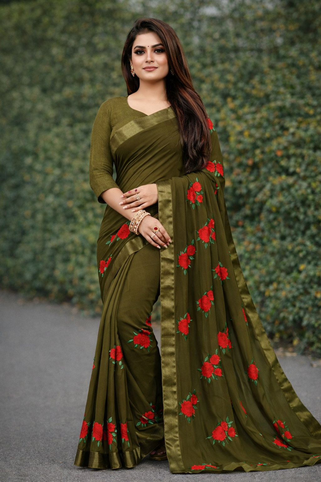 Elegant Olive Green Rose Embroidered Saree (125462)