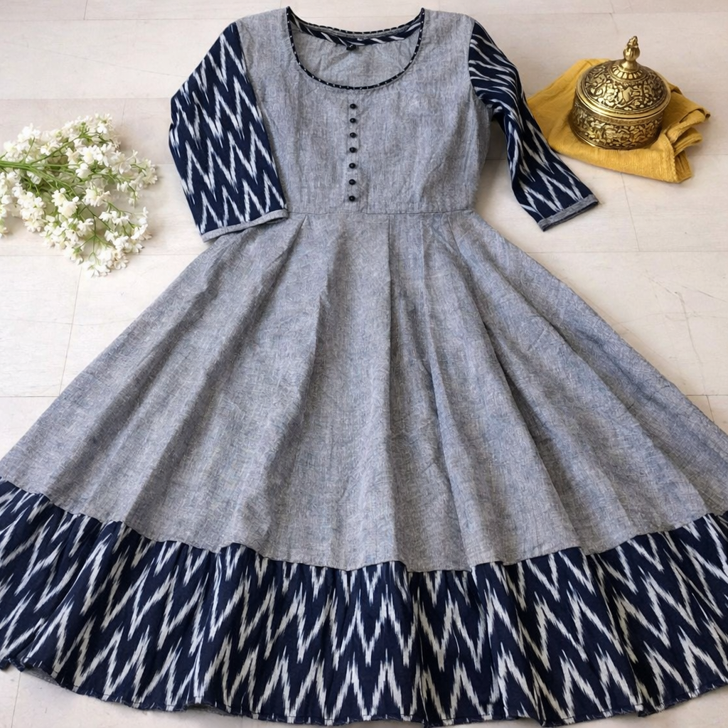 Grey & Navy Ikat Flared Kurti Dress for Women (1254106)