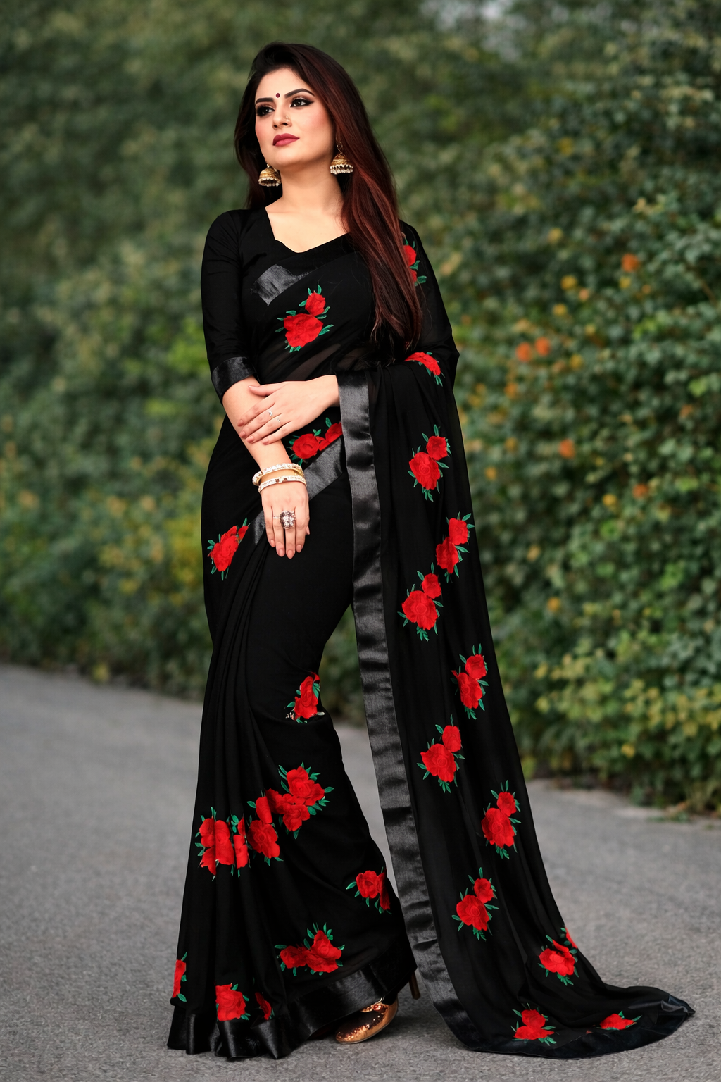 Elegant Olive Green Rose Embroidered Saree (125462)