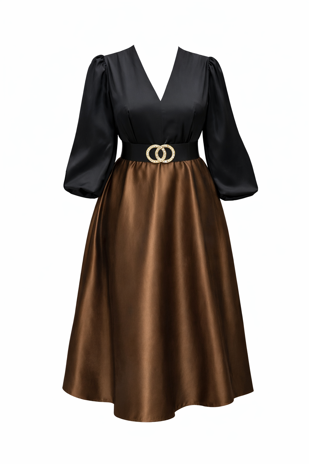 Elegant Two-Tone Satin Midi Dress (125415)