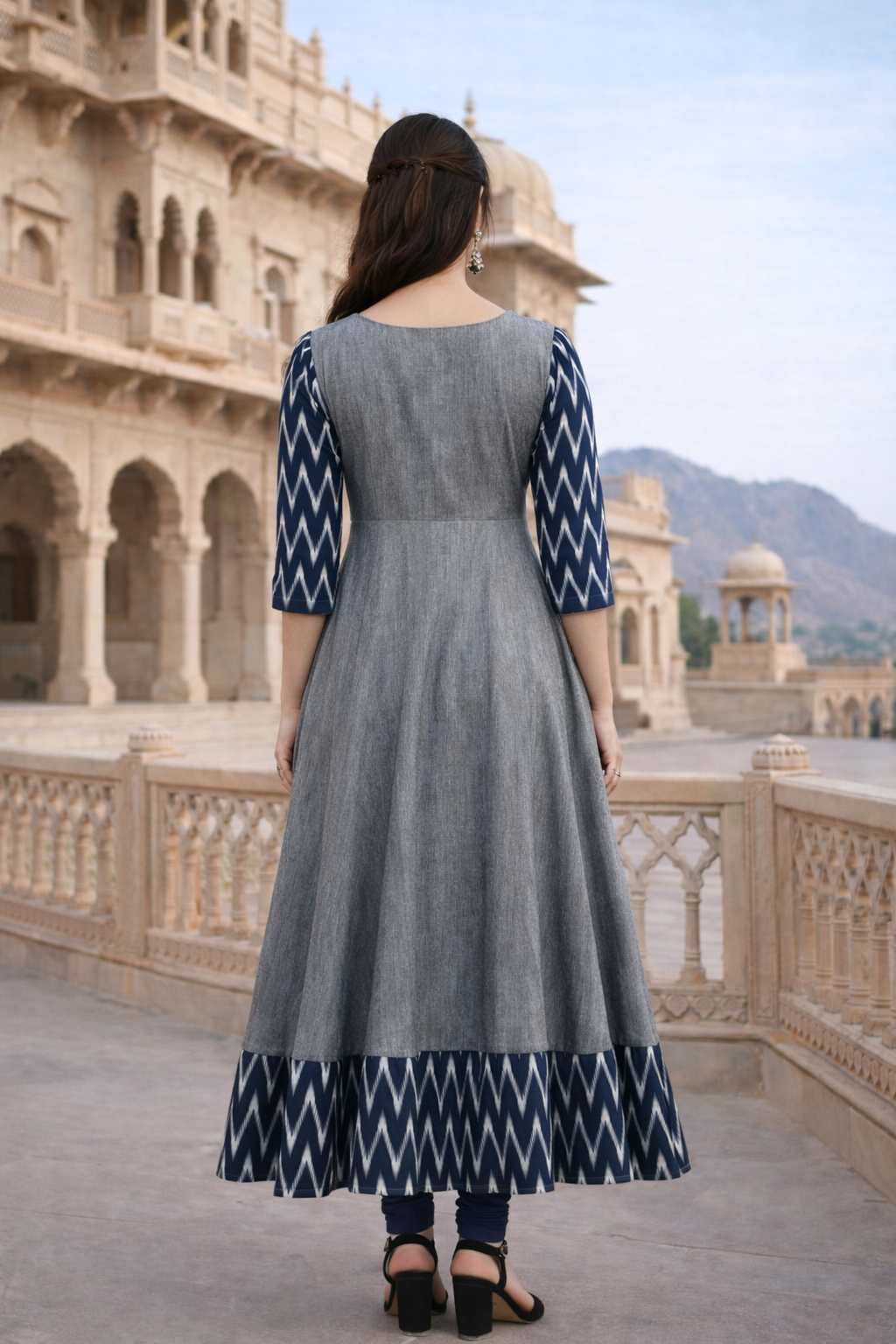 Grey & Navy Ikat Flared Kurti Dress for Women (1254106)