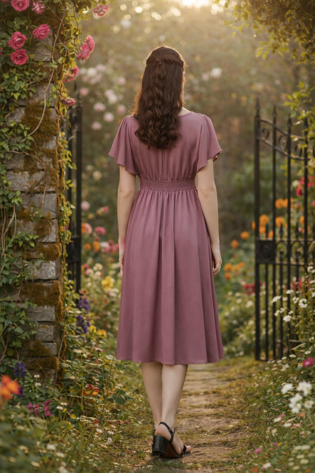 Women Pink Solid Viscose Rayon Fit And Flair Dress (1254103)