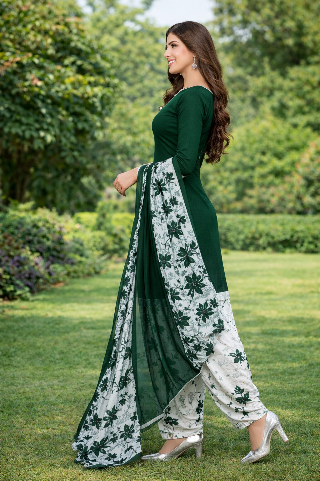 Crepe Printed Dress Material for Women & Girls (White & Green) (Unstiched)(1254149)