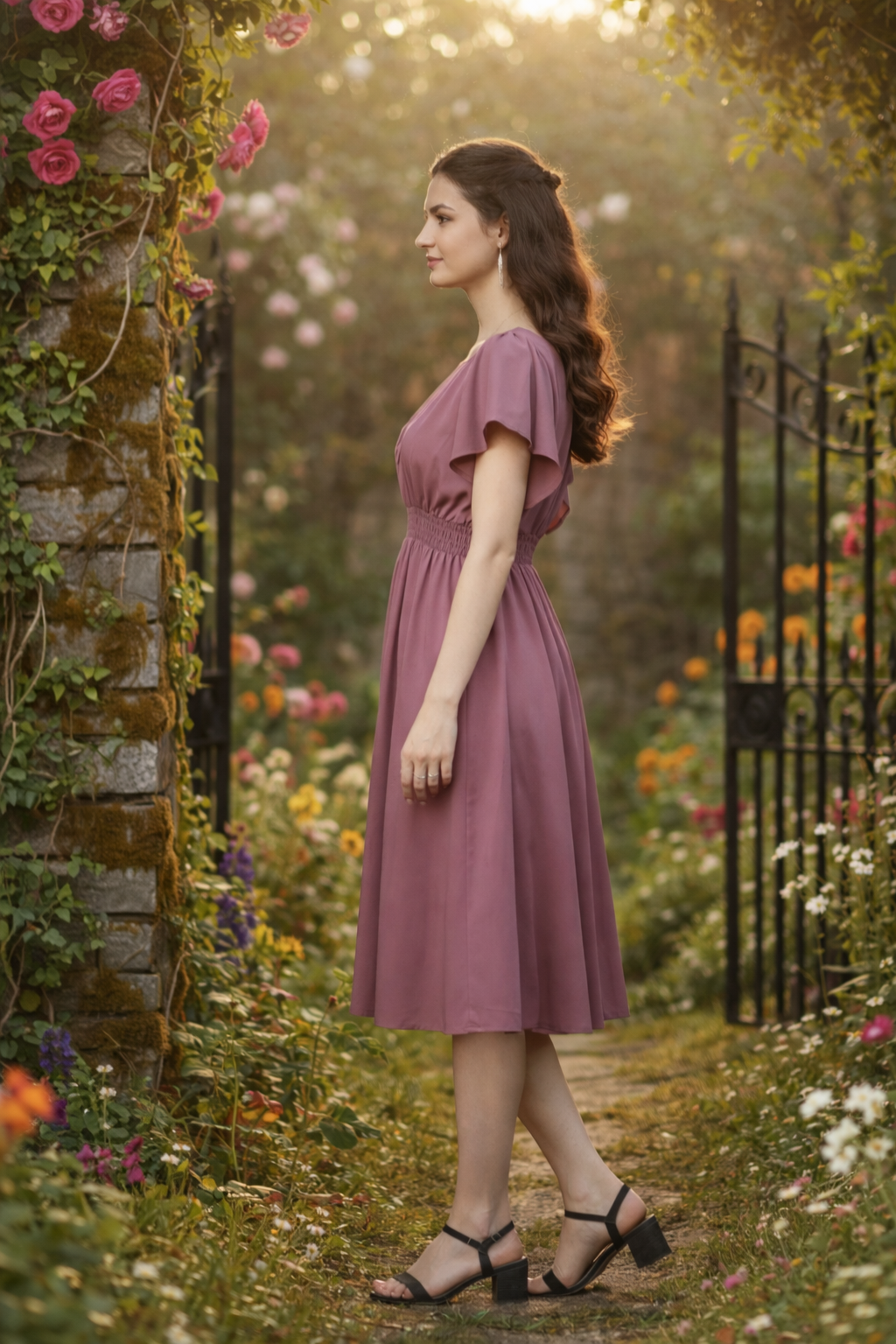 Women Pink Solid Viscose Rayon Fit And Flair Dress (1254103)