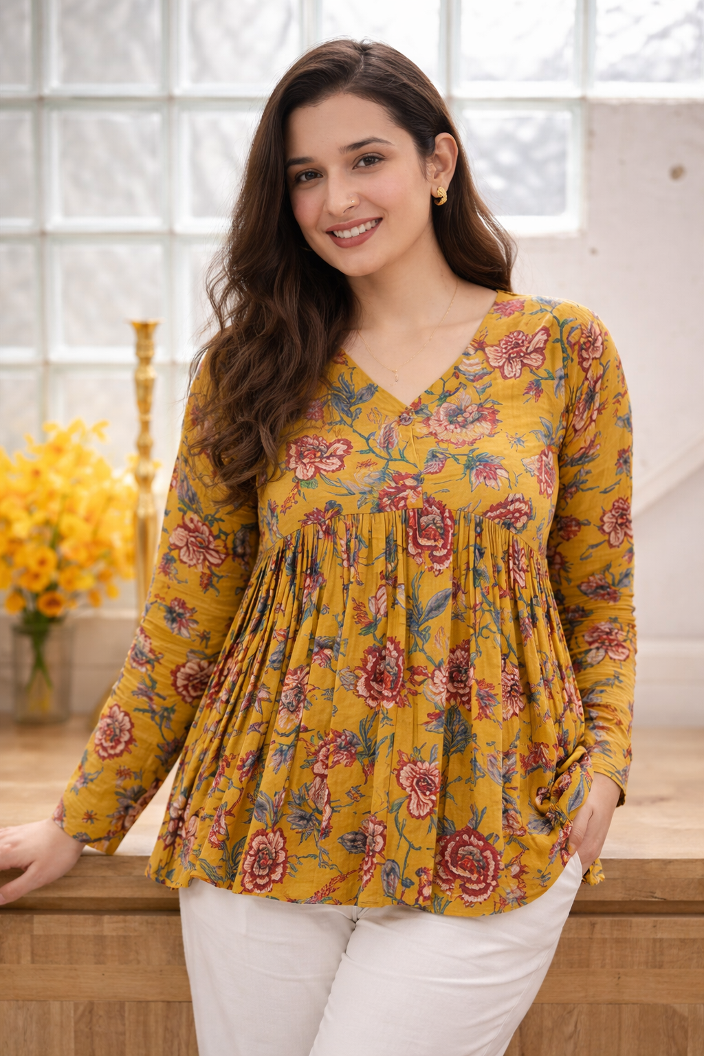 Floral Vibe Mustard Empire Top Stylish & Comfortable Daily Wear (1254148)