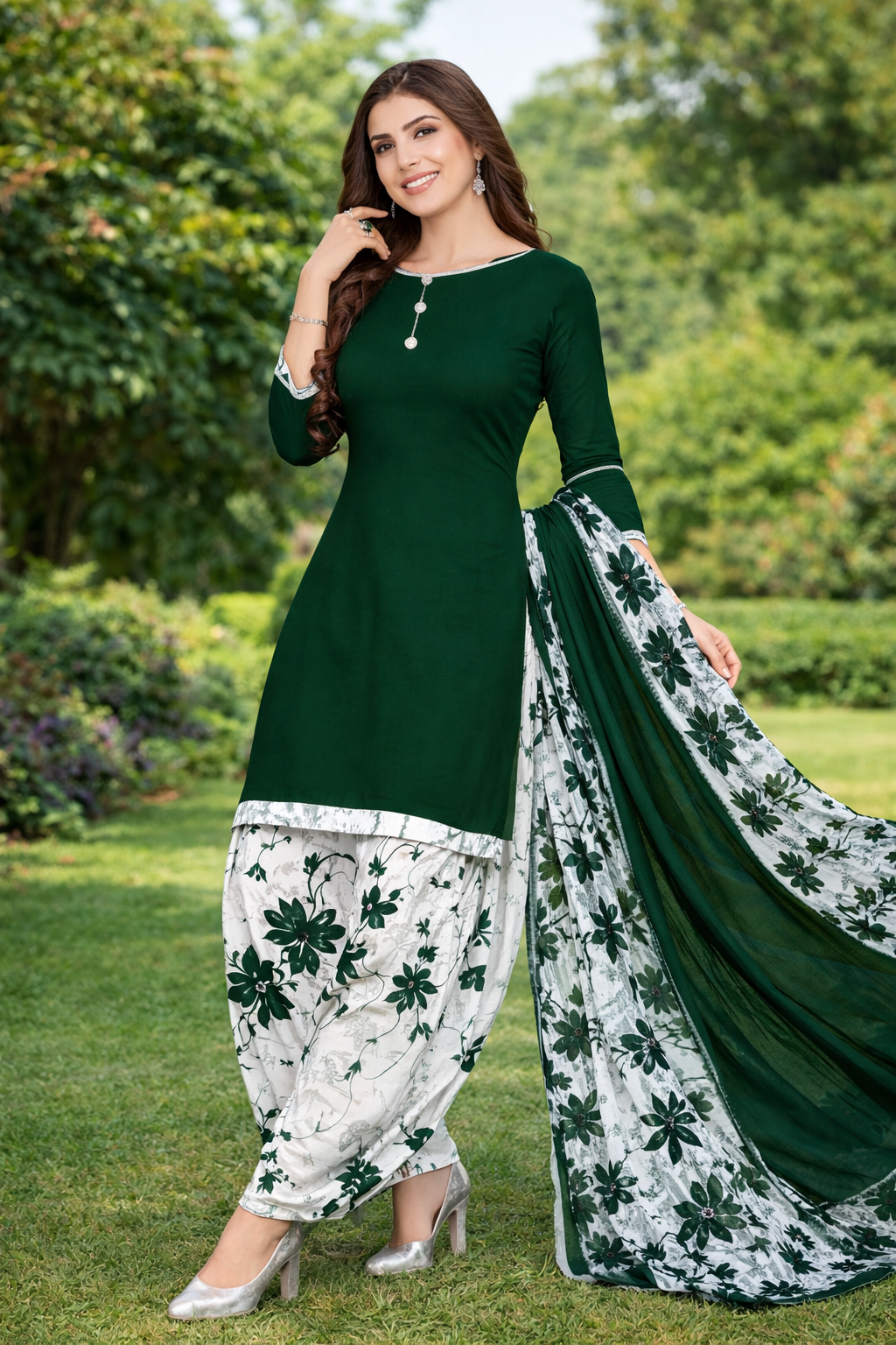 Crepe Printed Dress Material for Women & Girls (White & Green) (Unstiched)(1254149)