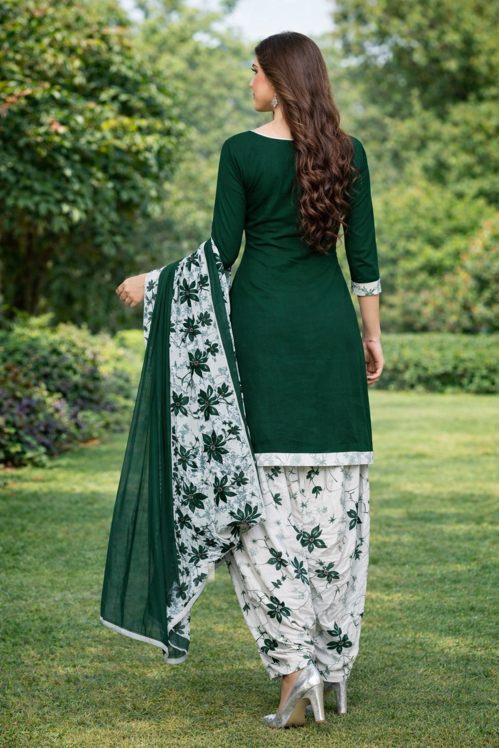 Crepe Printed Dress Material for Women & Girls (White & Green) (Unstiched)(1254149)