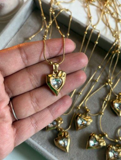 Crystal Heart Pendant Necklace – Gold Finish (1254_19)