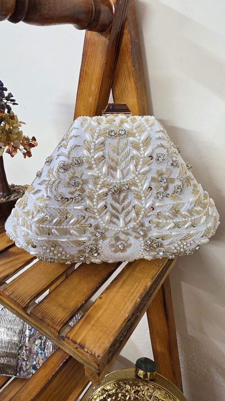Ivory Pearl Embroidered Potli Clutch (125430)