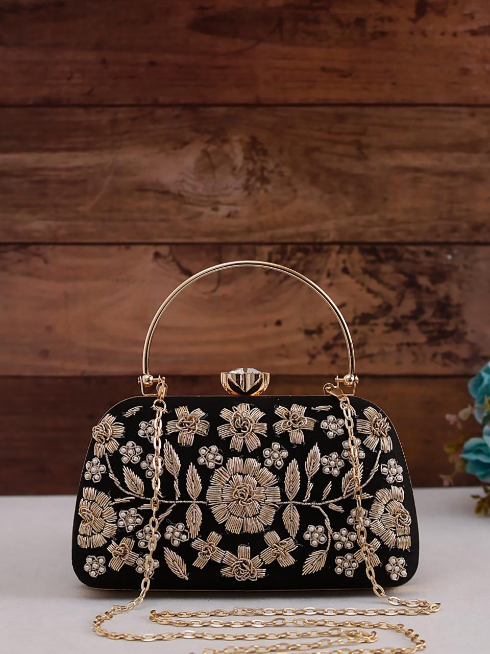 Black & Gold Floral Embroidered Clutch (125433)