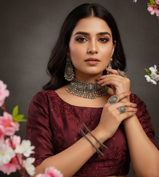 Silver-Toned Oxidised Bangles Ethnic Kada in Square Shape Pattern (125497)