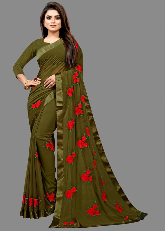 Elegant Olive Green Rose Embroidered Saree (125462)